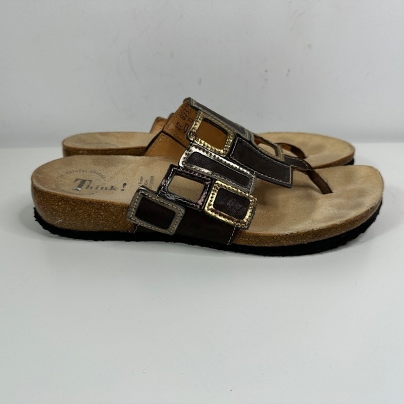 Think! Women's Sandal Size 41/10 Thong Slide Brown Leather Perforated Flip Flop - Picture 5 of 16